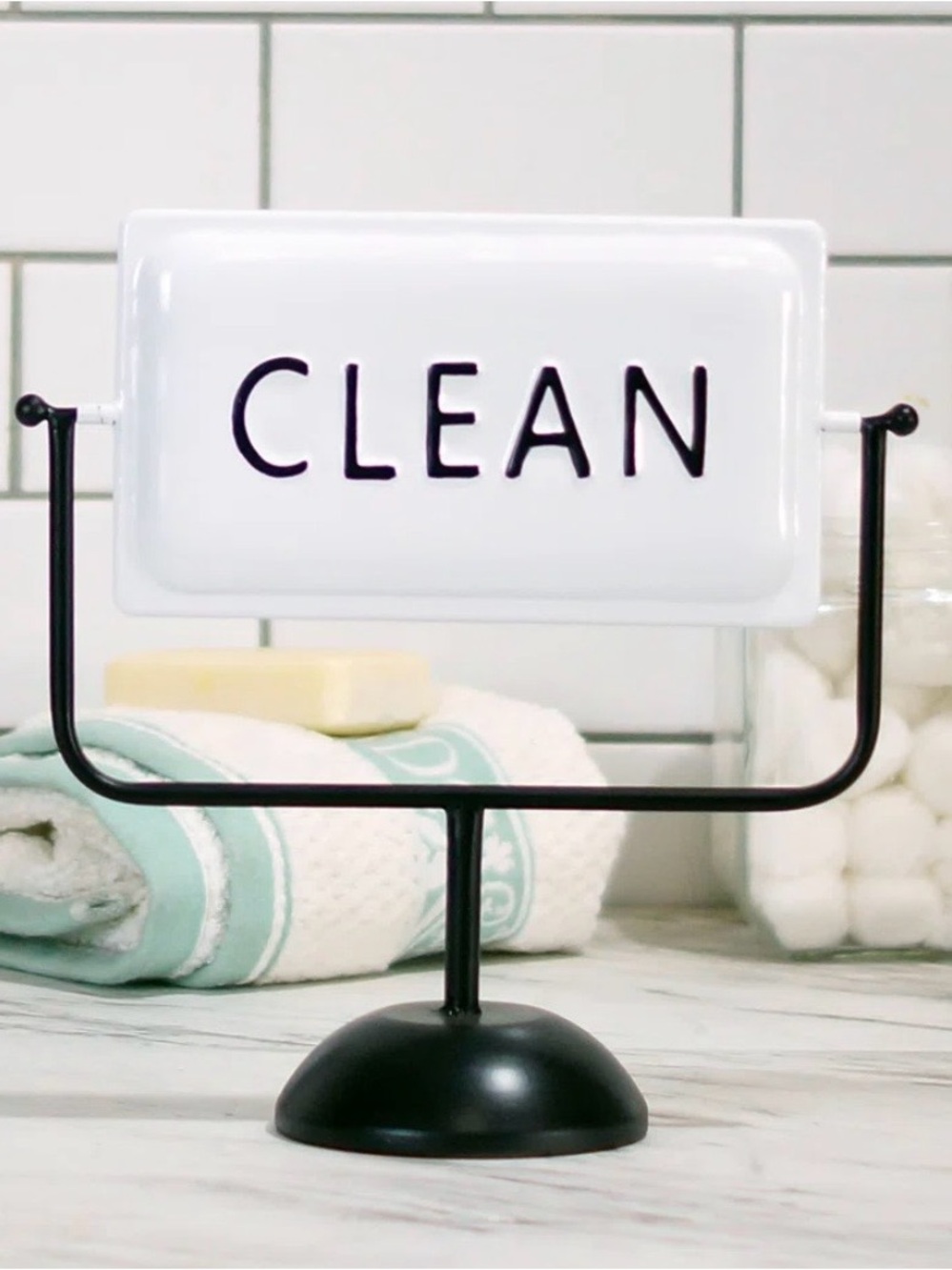 Ceramic "CLEAN" Vanity Sign on Black Metal Stand - White/Black
